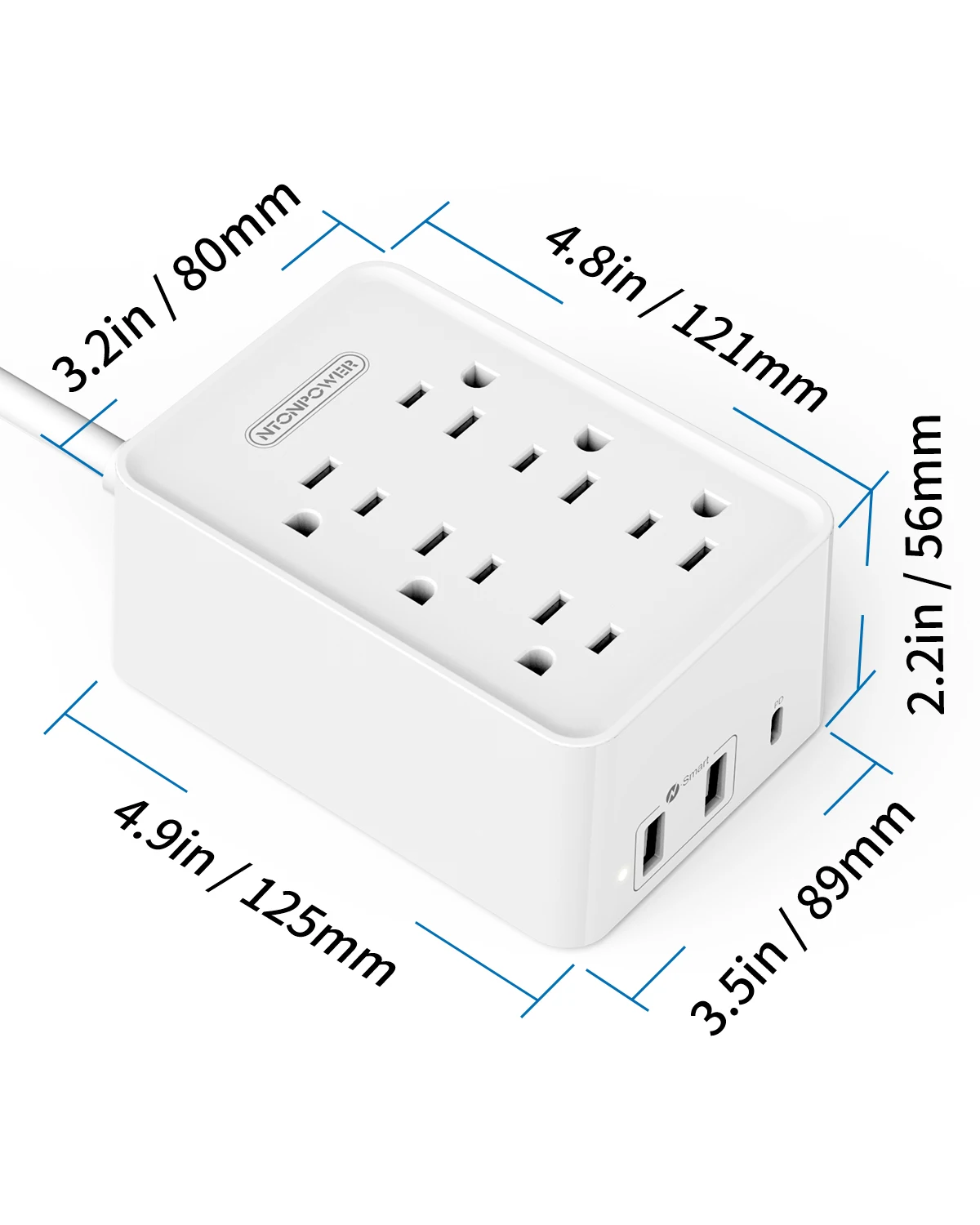 Сетевой блок питания NTON с PD зарядным устройством 45 Вт USB-C США плоский штекер 6AC 3USB(2 USB-A, 1 USB-C) для домашнего офиса 1,8 м удлинитель