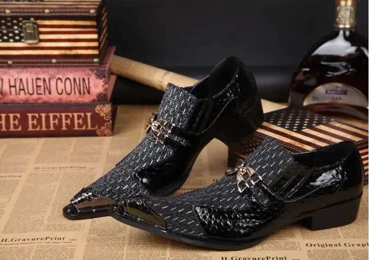 Slip-on Pointed toes Oxfords Genuine Leather Men's Dress Shoes Patchwork Polka Dot Metal Buckle Height Increasing Smart Casual | Обувь