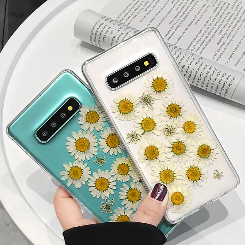 White Daisy Pressed Dried Flower Case For Samsung S7 Edge S8 S9 S10 Plus E Note 9 8 Handmade Transparent Silicon Fundas |