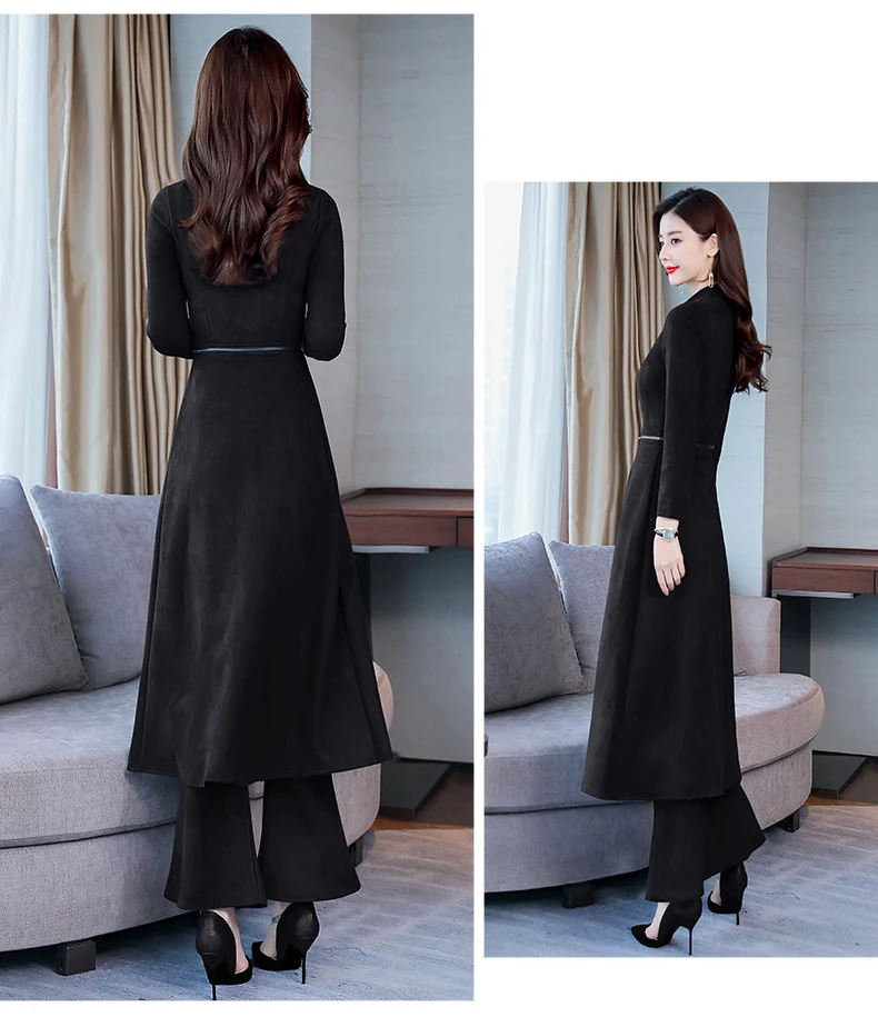 wreeima Buckskin 2 Piece Set Women Wide Legged Trousers Suit Set Autumn Women's Windbreaker Spring Trench Coat Casaco Feminino