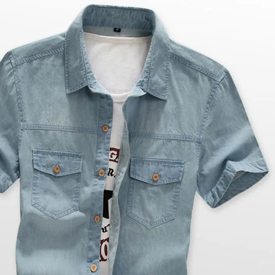 Рубашка мужская джинсовая с коротким рукавом хлопковая блуза из денима в