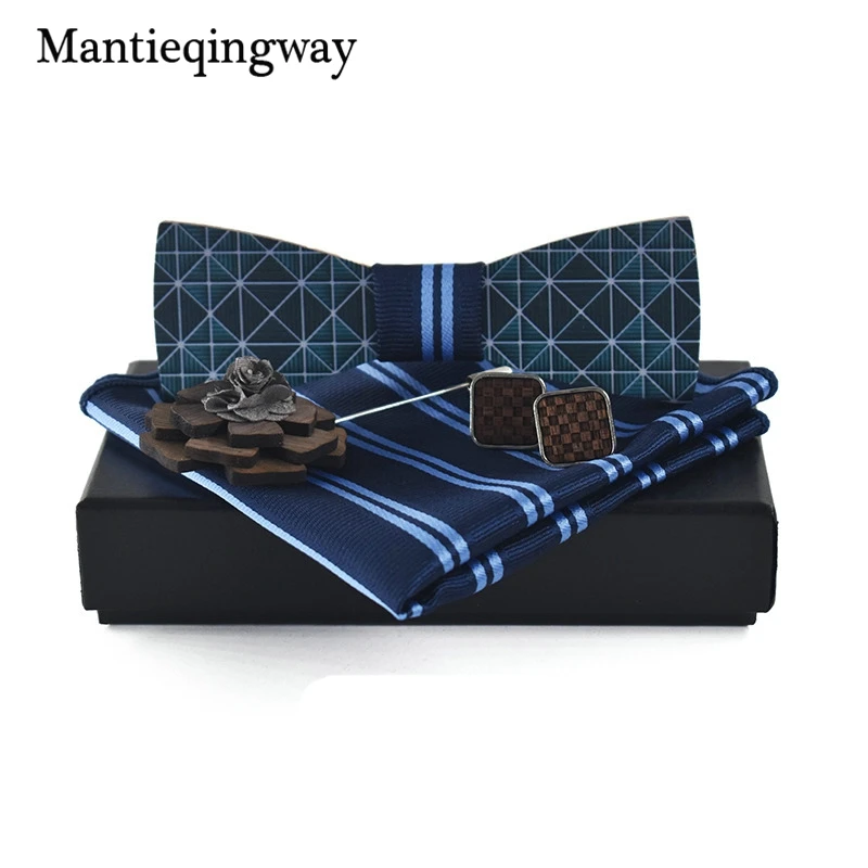 Mantieqingway Wooden Bow Tie Set for Mens Wedding Wood Bowties Brooch Handkerchief Cufflinks Gravatas Slim Polyester Ties | Аксессуары