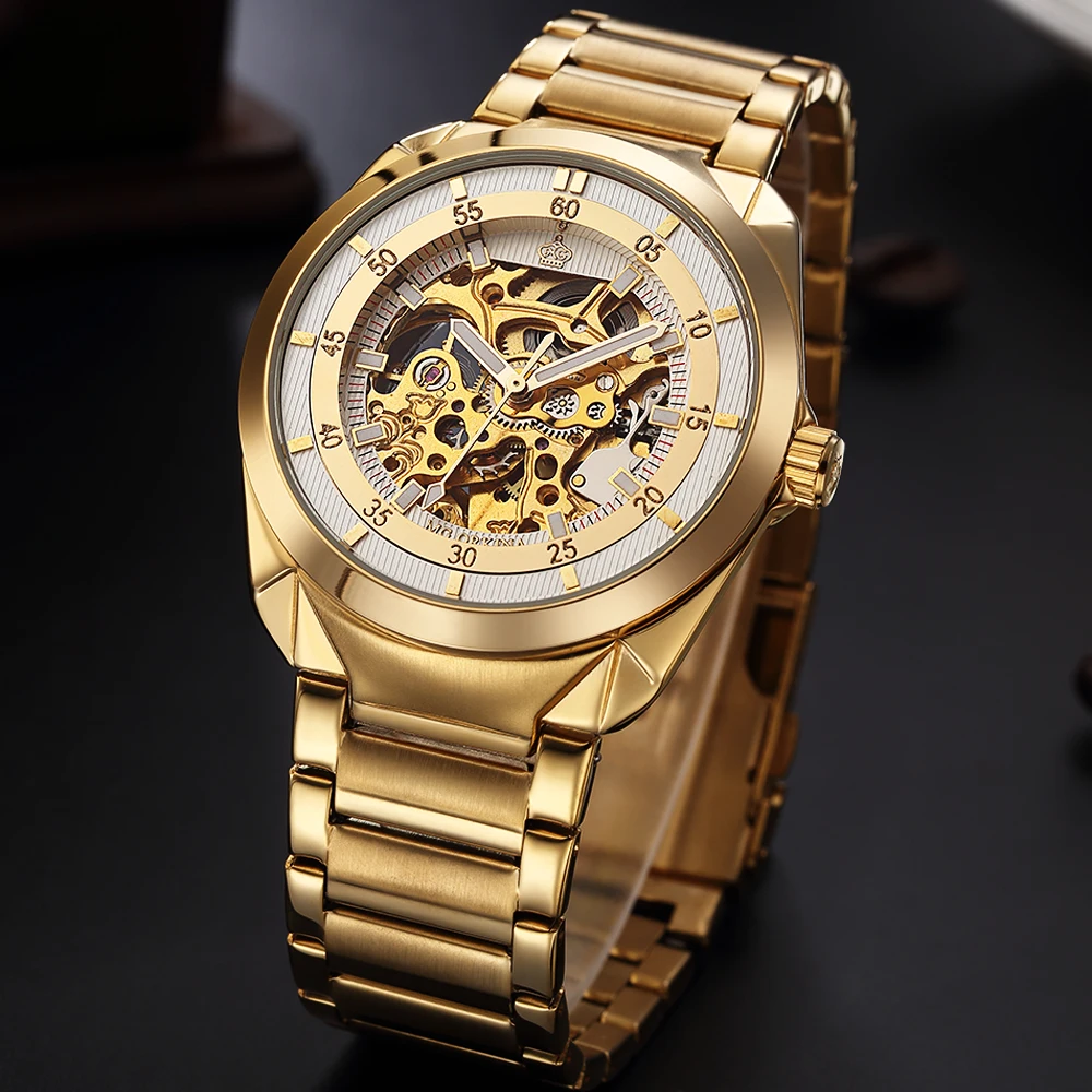 Мужские автоматические часы ORKINA механические золотого цвета с футляром в стиле