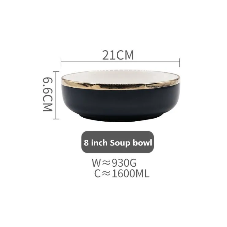 21 cm Soup bowl Синяя Керамическая обеденная тарелка с золотым краем, кухонная тарелка, набор посуды, роскошный Западный поднос, ГОВЯЖЬЯ десертная тарелка, блюдо для торта, ложка, миска, 1 шт - Цвет: 21 cm Soup bowl