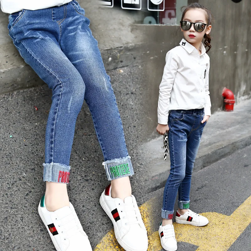 Девушки джинсы осень 2018 синий Повседневное Тонкий Письма Дети ребенка джинсовые