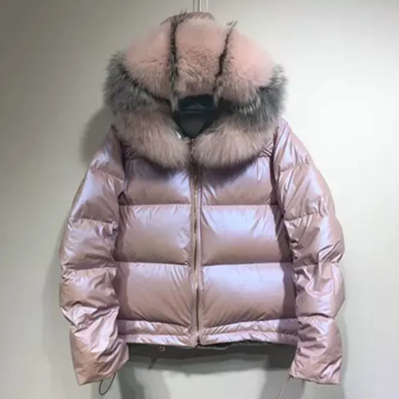 Pink Natural fur Зимняя блестящая ткань золотистого и серебряного цвета с большим воротником из натурального Лисьего меха, пуховик с капюшоном, женская одежда с капюшоном, теплая пуховая парка 131 - Цвет: Pink Natural fur