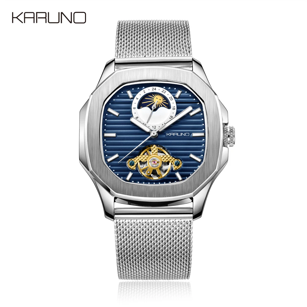 silver blue MCE механические мужские часы, мужские модные часы, автоматические часы с турбийоном, мужские часы с фазой Луны и квадратным кожаным ремешком, мужские часы - Цвет: silver blue