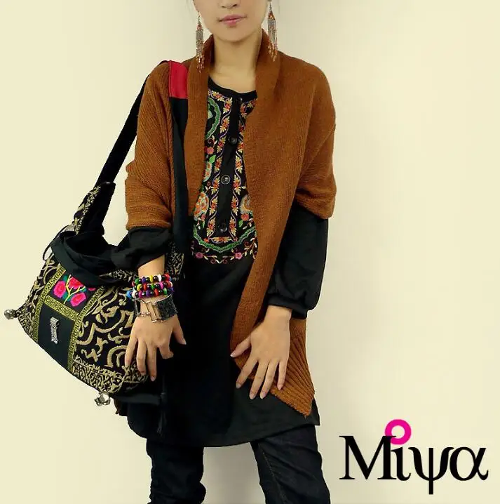 Экзотические классические blcak парусиновые женские сумки с вышивкой Naxi. Hani