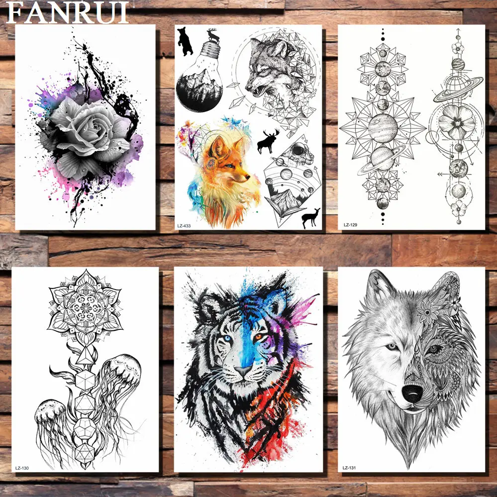 

FANRUI Watercolor Tiger Temporary Tattoos Sticker For Women DreamCatcher Fox Geometric Wolf Fake Tatoos Body Art Flower Armband