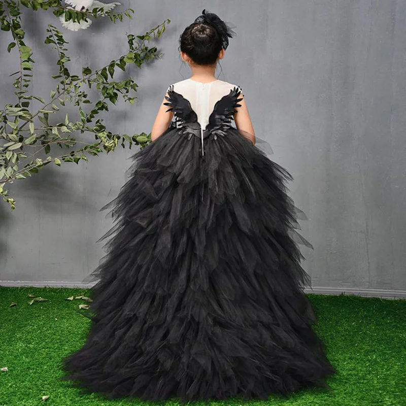 Long Trailing Flower Girl Dresses Ball Gown Kids Pageant Dress Birthday Party Stunning Swan Feather Princess E109 | Детская одежда и