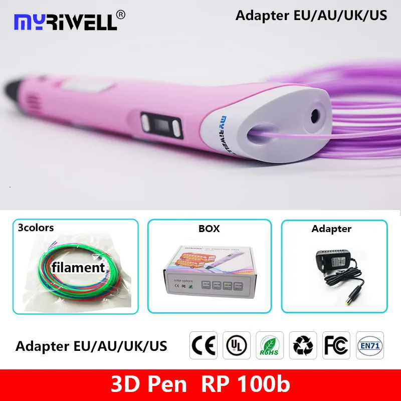 only pink pen Myriwell 3d Ручка светодиодный/ЖК-дисплей 1,75 мм нить pla 3d ручка 3d Ручка 3 d ручка умный ребенок подарок на день рождения игрушки с рисунком - Цвет: only pink pen