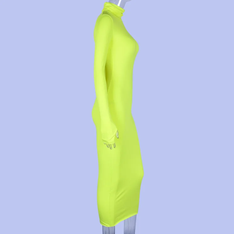 

2019 New Dress Women High Neck Zipper Long Sleeved Solid Slim Bag Hip Casual Mid-Calf Elegant Dress Vestidos M20