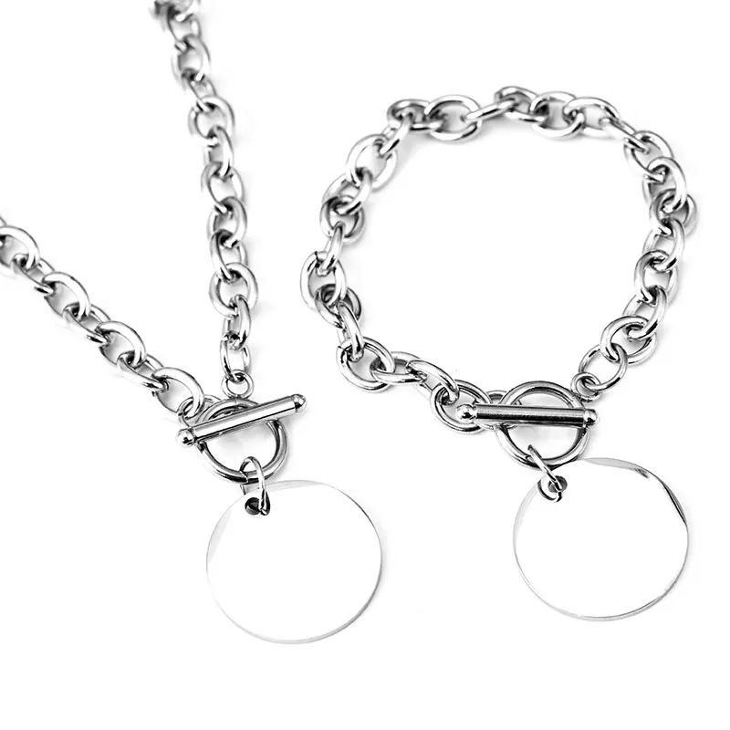 Rivca Wholesale Stainless Steel jewelry set chain custom OT clasp Necklace Bracelet for women man engrave round charm | Украшения и