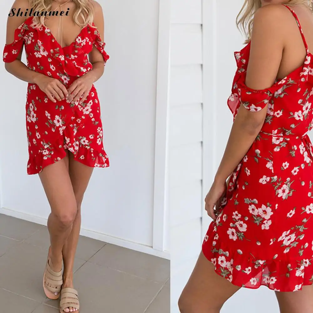 Boho Летнее шифоновое красное платье с цветочным принтом женский топ открытыми