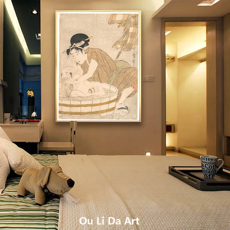 Классическое японское кимоно для женщин помогает детям купаться маслом холст