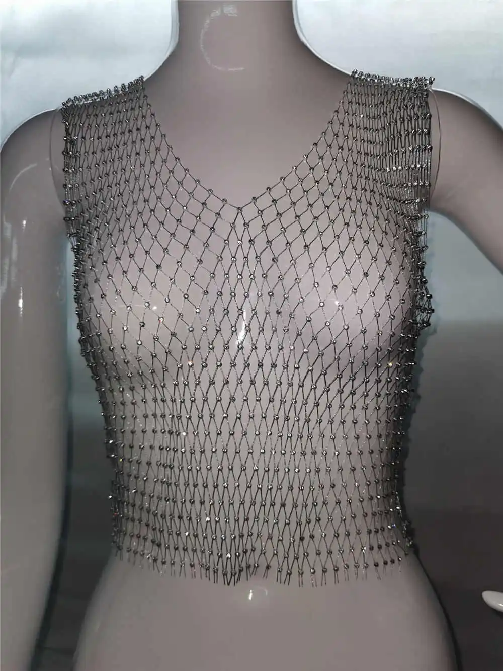 Silver V-neck Сексуальная блестящая кристальная сетчатая цепочка для тела для женщин, Летний Пляжный полый нагрудный браслет с кольцом, массивное ювелирное изделие - Окраска металла: Silver V-neck