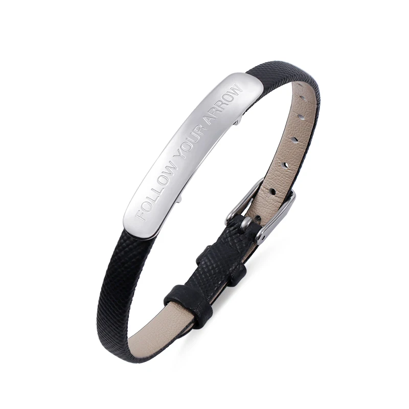

AILIN Genuine Custom Bar Words Engraved Leather Bracelet For Her Unisex High Polished Message Leather Bracelet Christmas Gift