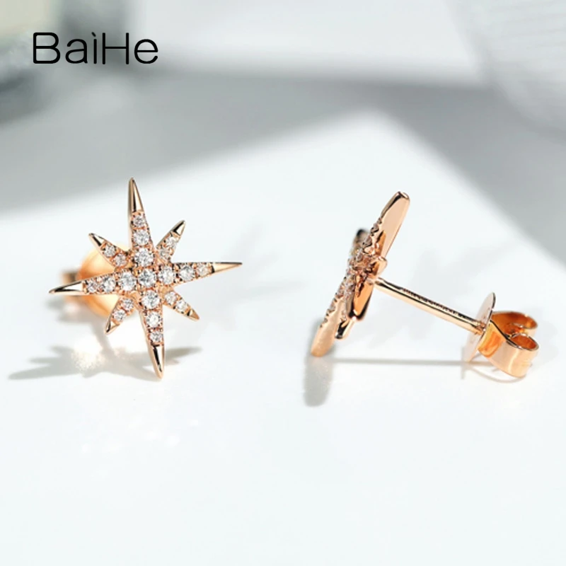 BAIHE Solid 14K розового/белого/желтое золото 0.14ct натуральный со стразами Модные