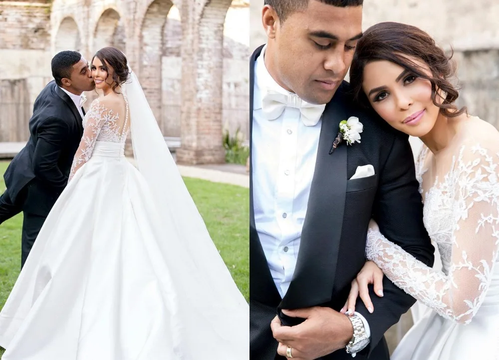 Платье с длинным рукавом Steven Khalil кружевное отделанное сатиновой юбкой|Свадебные