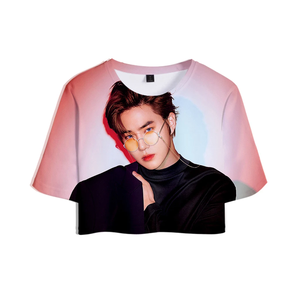 Женский укороченный топ EXO Love Shot с 3D принтом модная летняя футболка коротким