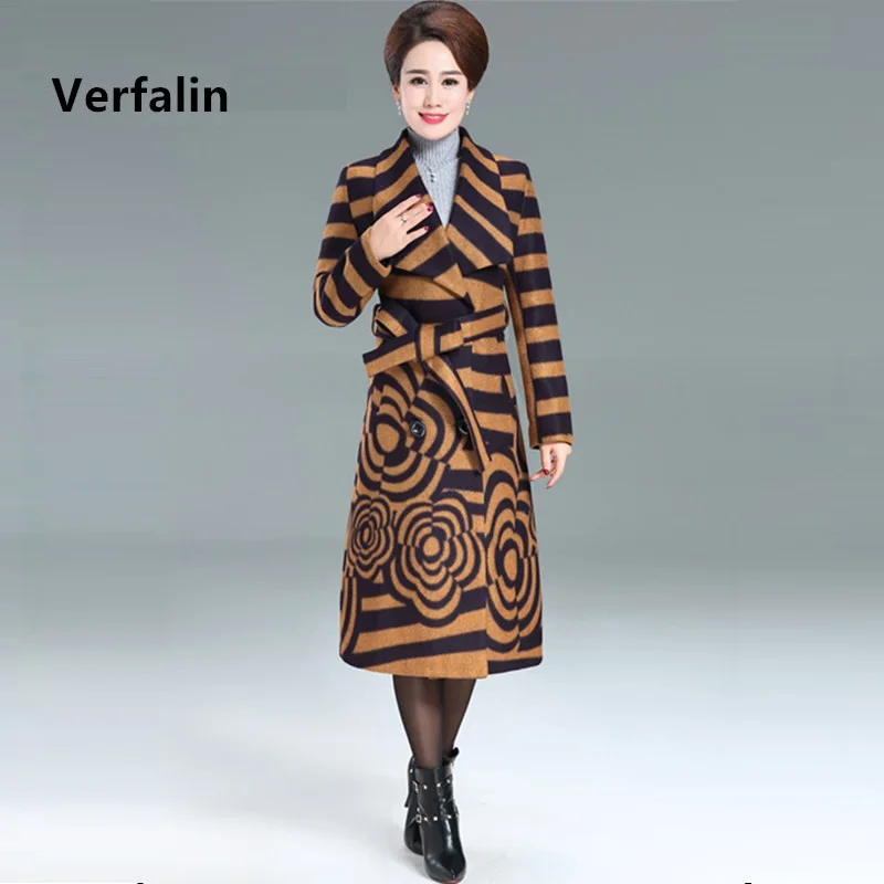 Verfalin 2017 Весной Женщины Шерстяное Пальто/Элегантный Полосой Формальные Длинные