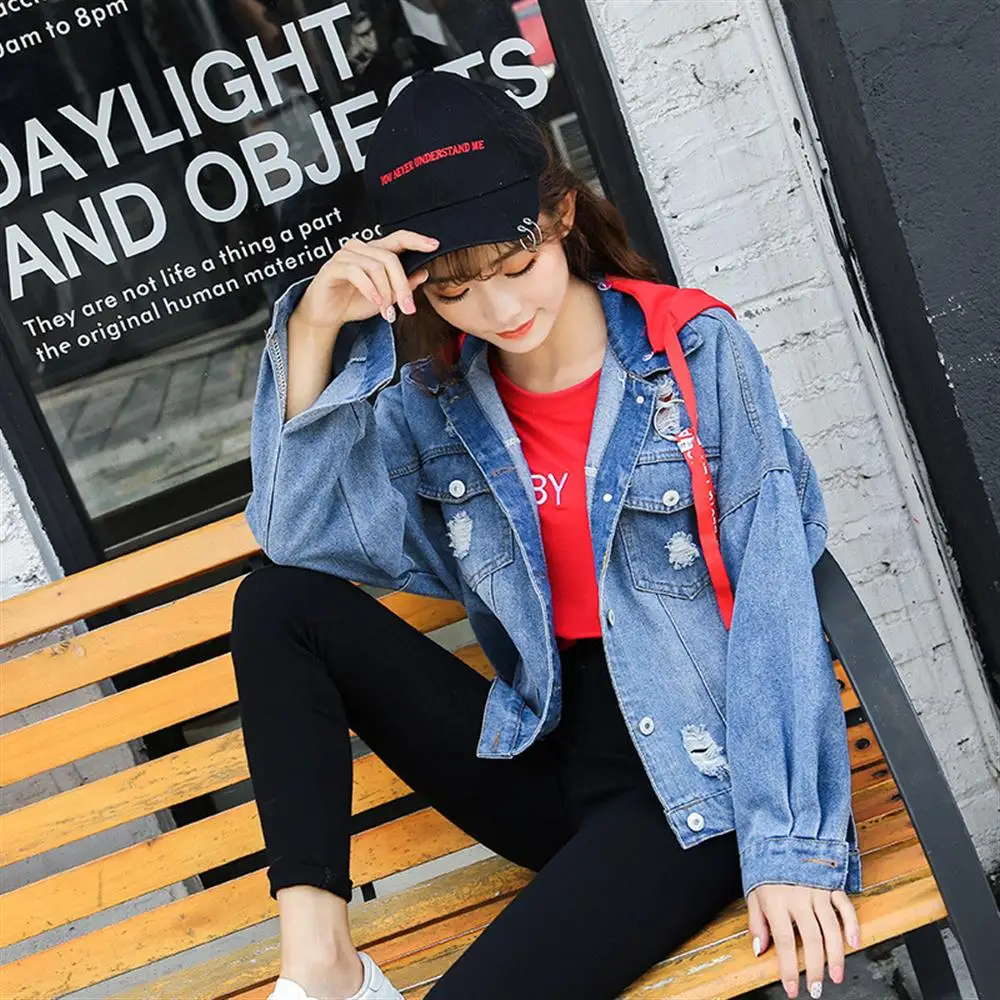 2018 spring autumn new long sleeve jeans coat holes removeable hat women denim jackets fashion letters girl hip hop jacket | Женская
