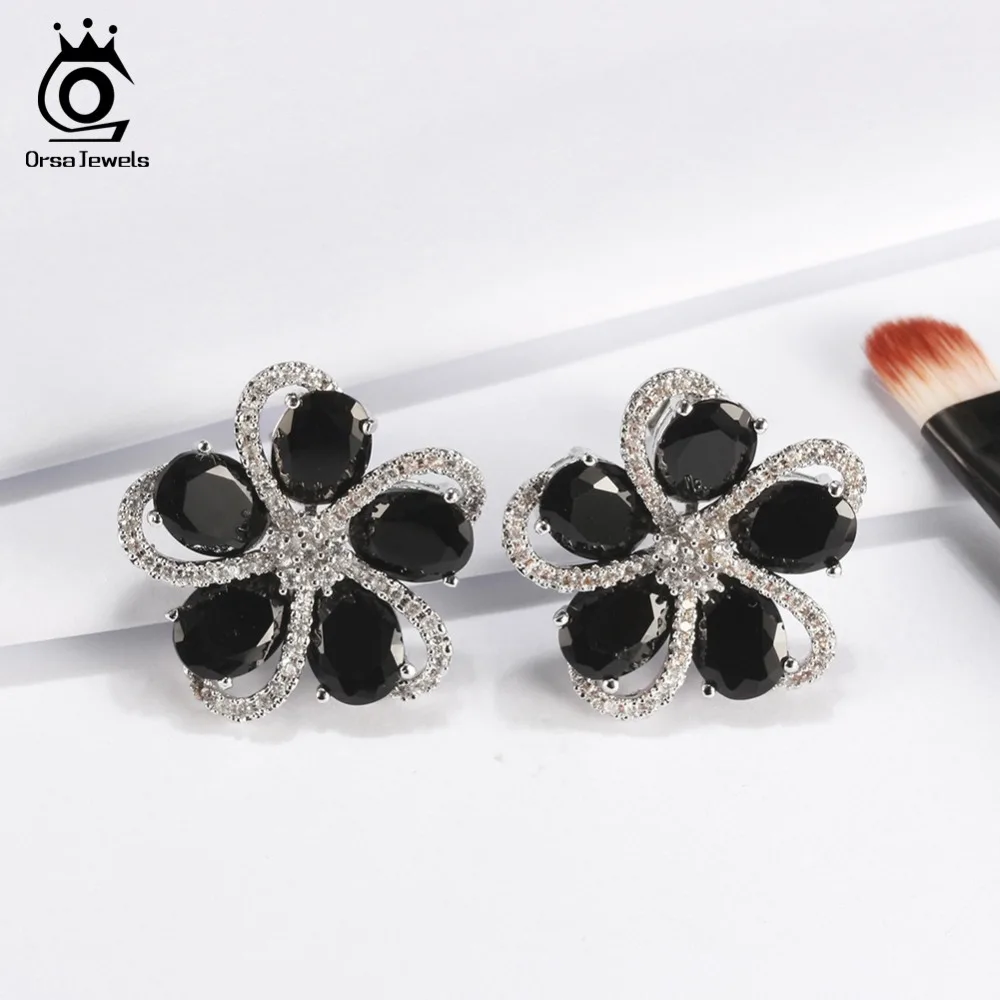 ORSA JEWELS цветочные серьги для женщин AAA овальной огранки черный и прозрачный Циркон 25 мм большие роскошные изысканные великолепные вечерние ювелирные изделия OE180