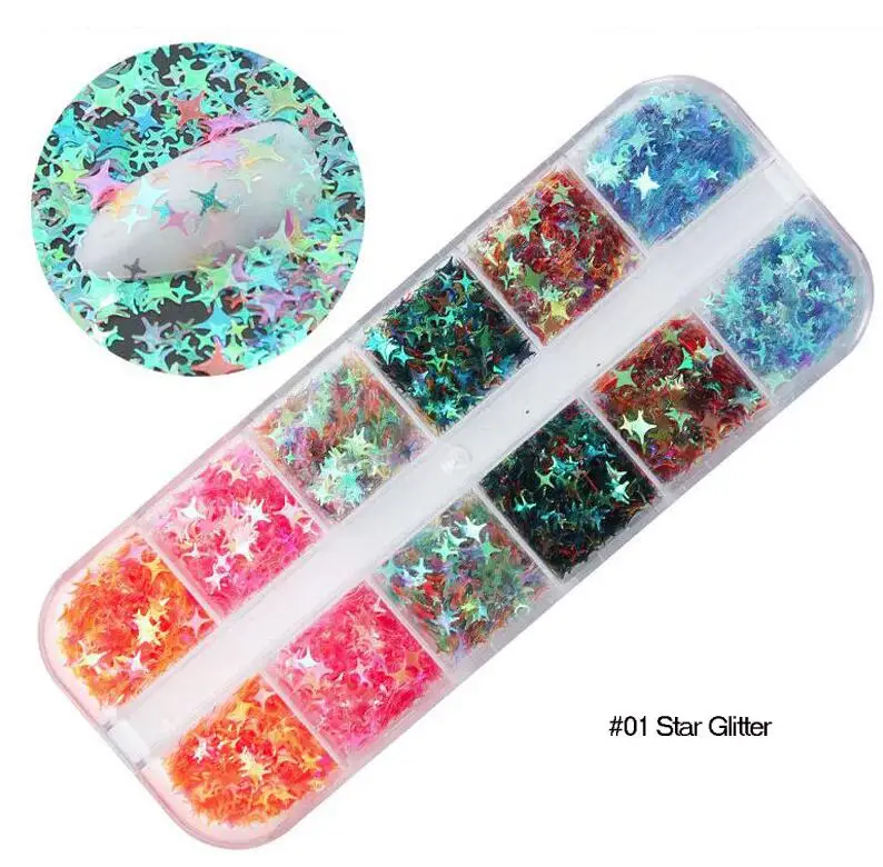 01 Star Glitter 12 цветов микс голографический блестящий для ногтей блестки звезда лист Русалка массивные блестки фестиваль украшения для смолы DIY, дизайн ногтей - Цвет: 01 Star Glitter