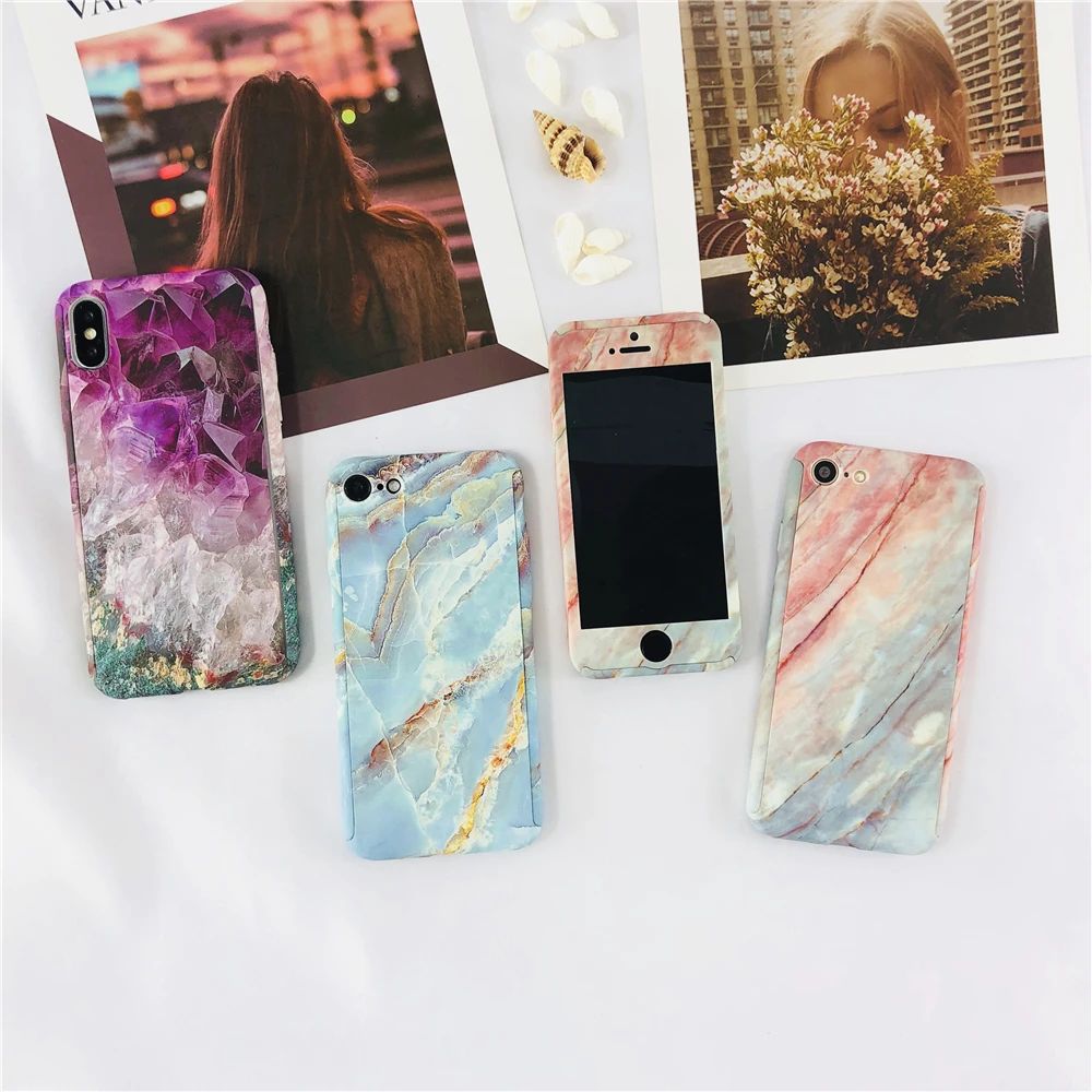 360 Degree Marble Stone Full Protective Hard Luxury Purple Diamond Case for IPhone 6 6S 7 8 Plus 5 SE X Gem Splice |