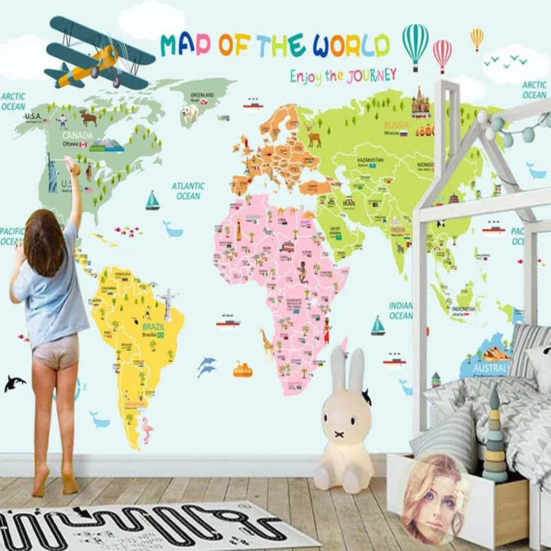 

Custom Any Size Mural Wallpaper 3D Cartoon World Map Background Wall Painting Children Boy's Bedroom Home Decor Papel De Parede