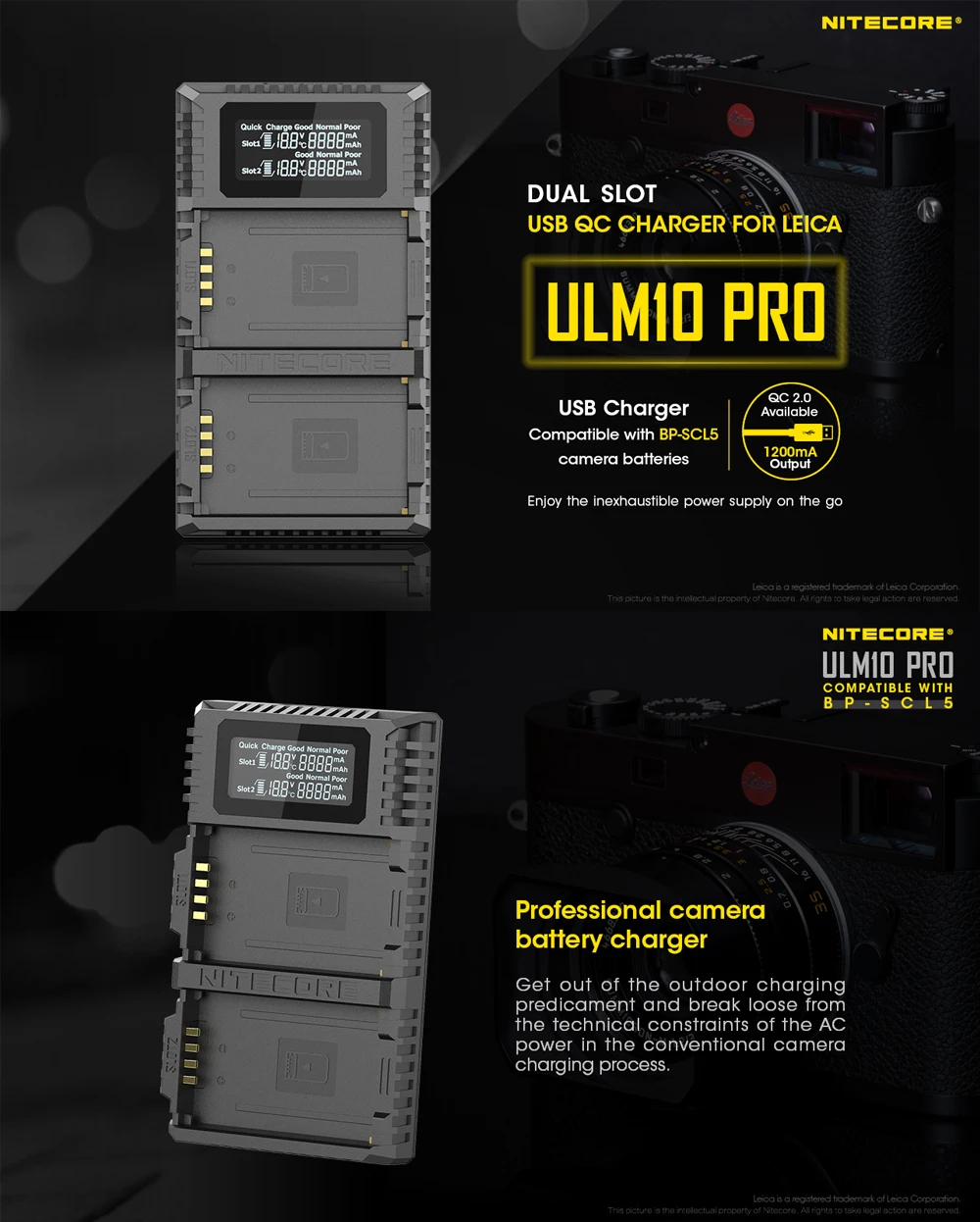 Nitecore ULM10 Pro цифровой двойной слот Путешествия Камера зарядное устройство для Leica BP-SCL5 батареи, совместимый с M10