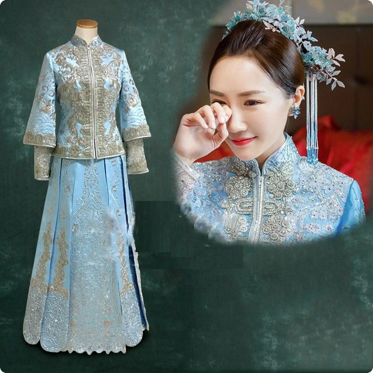 Костюм невесты Xiu He Fu голубого цвета с вышивкой для свадебной фотосъемки