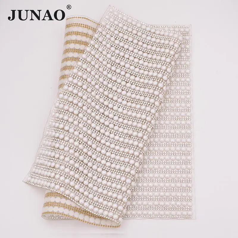 6mm Pearl JUNAO 24*40 см Горячая фиксация жемчуг стразы отделка сетки белый жемчуг бусины аппликации прозрачный кристалл ткань страз окантовка для одежды - Цвет: 6mm Pearl