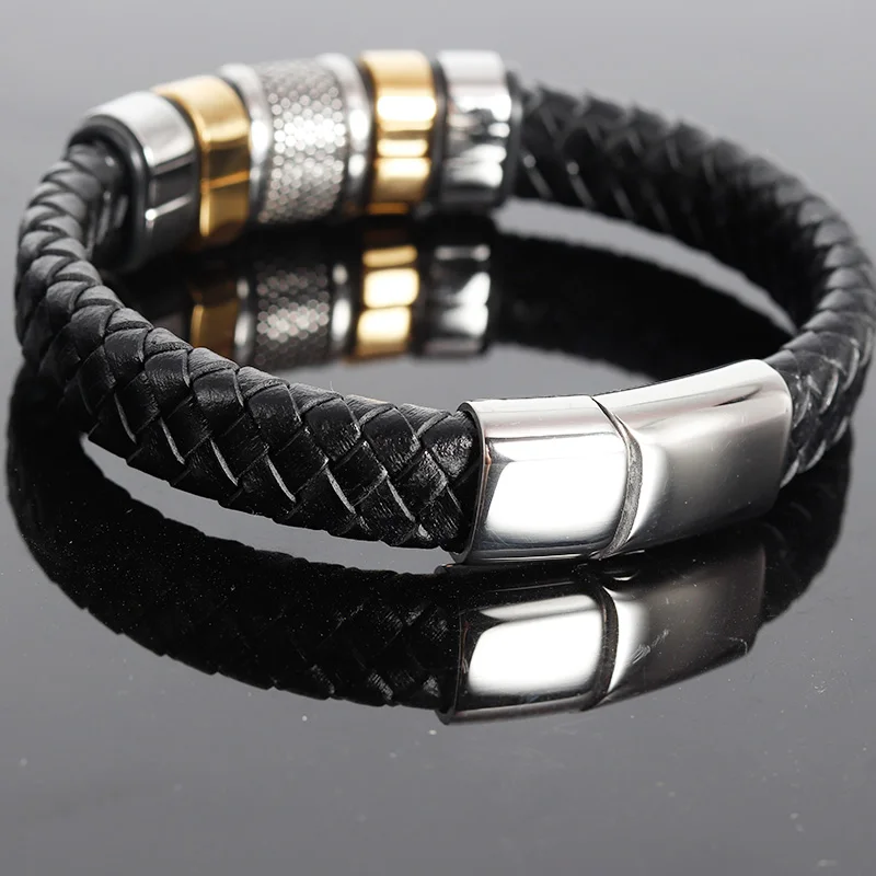 Мужской браслет из нержавеющей стали черный кожаный с магнитной