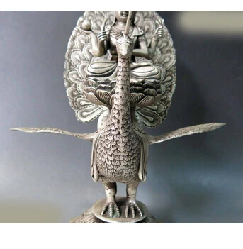 12 &quotКитай серебро budismo tallado дель паво реал Mahamayuri буда escultura estatua медь бронзовые