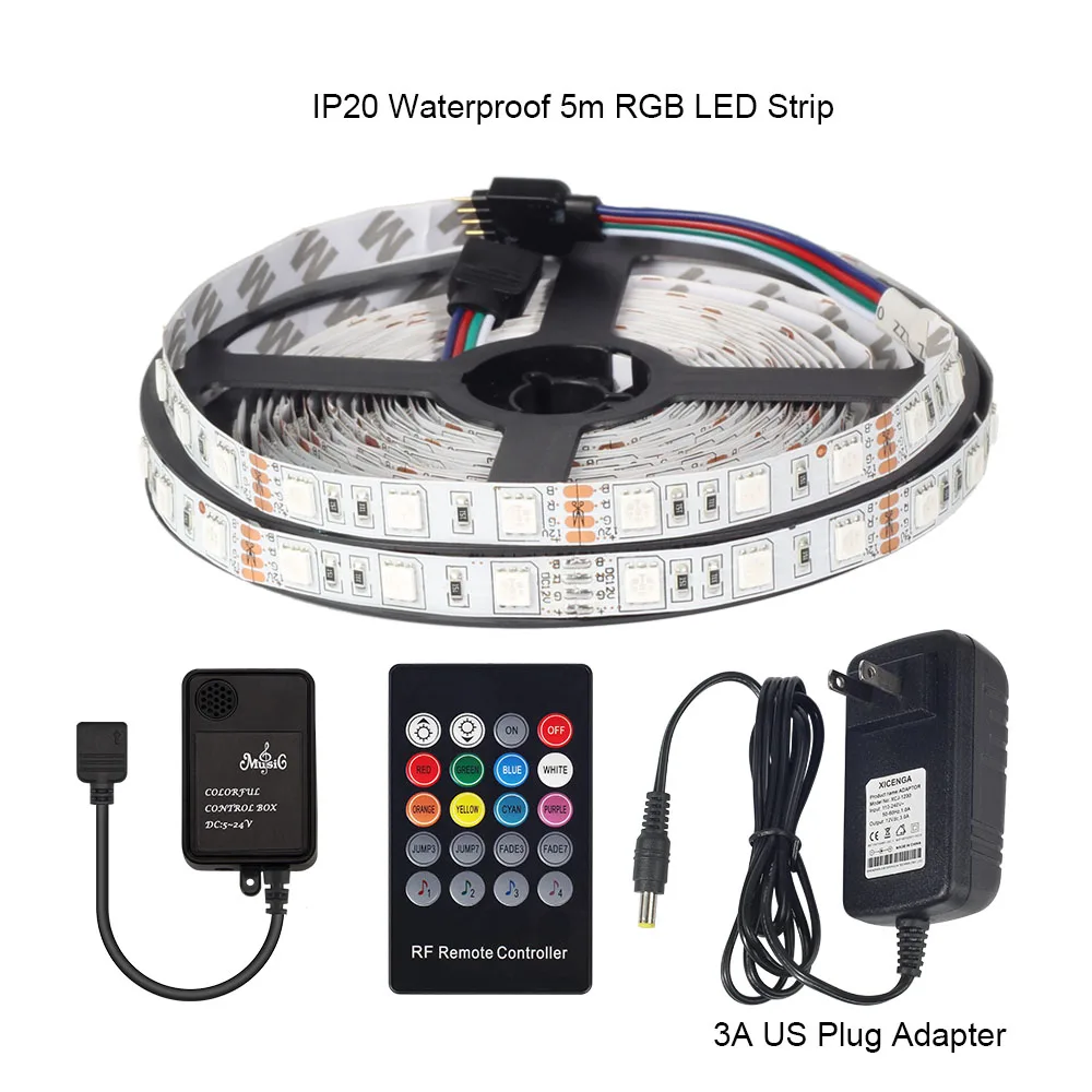 RGB Светодиодные ленты 5050 Светодиодные ленты Водонепроницаемый IP20/IP65 5 м/roll+ 20 клавиши музыка РФ контроллер+ DC12V 3A 36 Вт EU/US Plug Мощность адаптер - Испускаемый цвет: IP20 US 4PCS SET