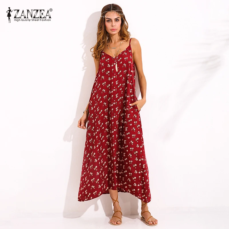 Фото ZANZEA-длинное вечернее платье для женщин длинное без рукавов с цветочным принтом и