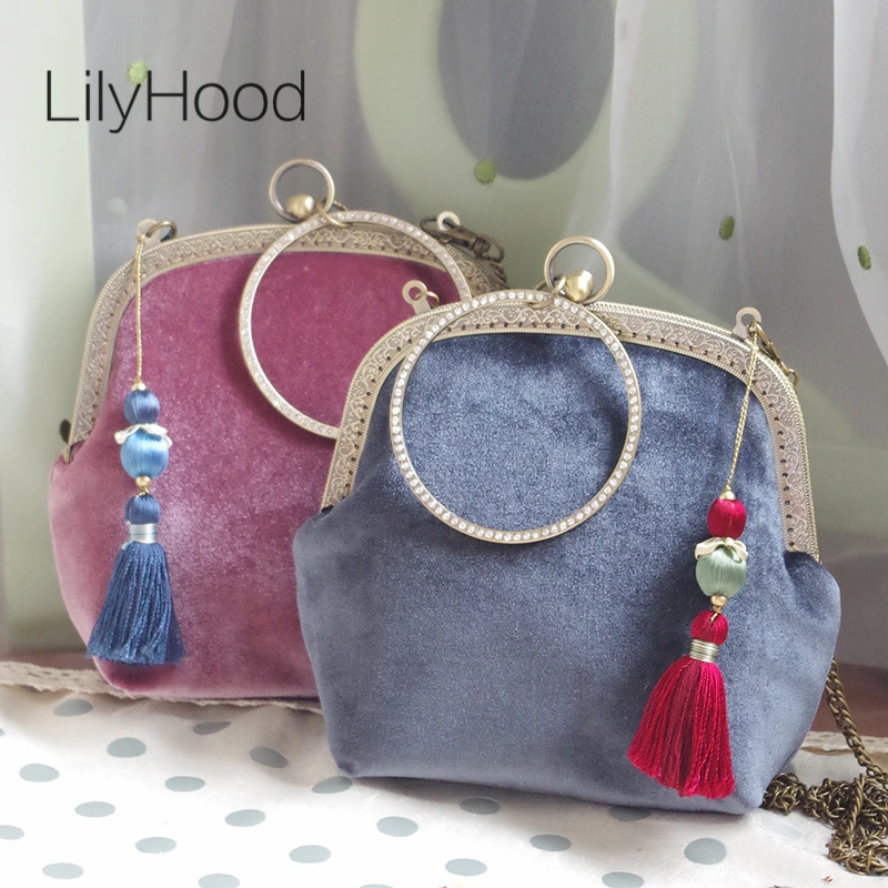 

LilyHood Handmade Women Velvet Vintage Shoulder Bag Velour Fabric Retro Chic Fringe China Stylish Elegant Frame Cheongsa Handbag