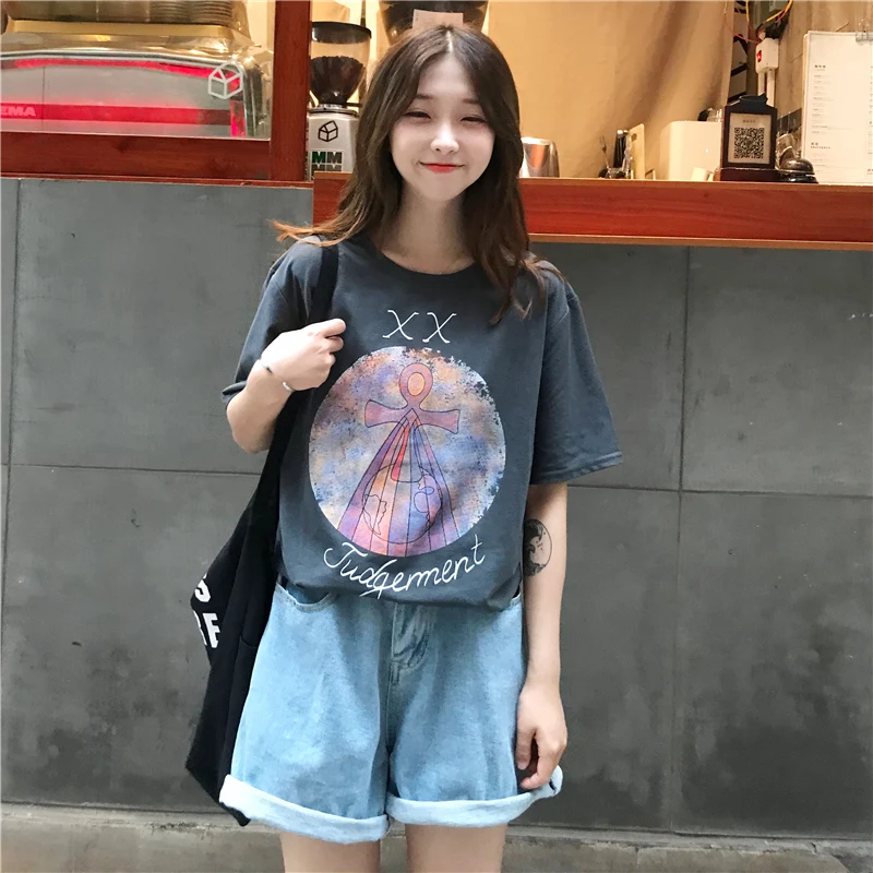 Лето 2019 женские футболки с коротким рукавом винтажные принтом карт Таро