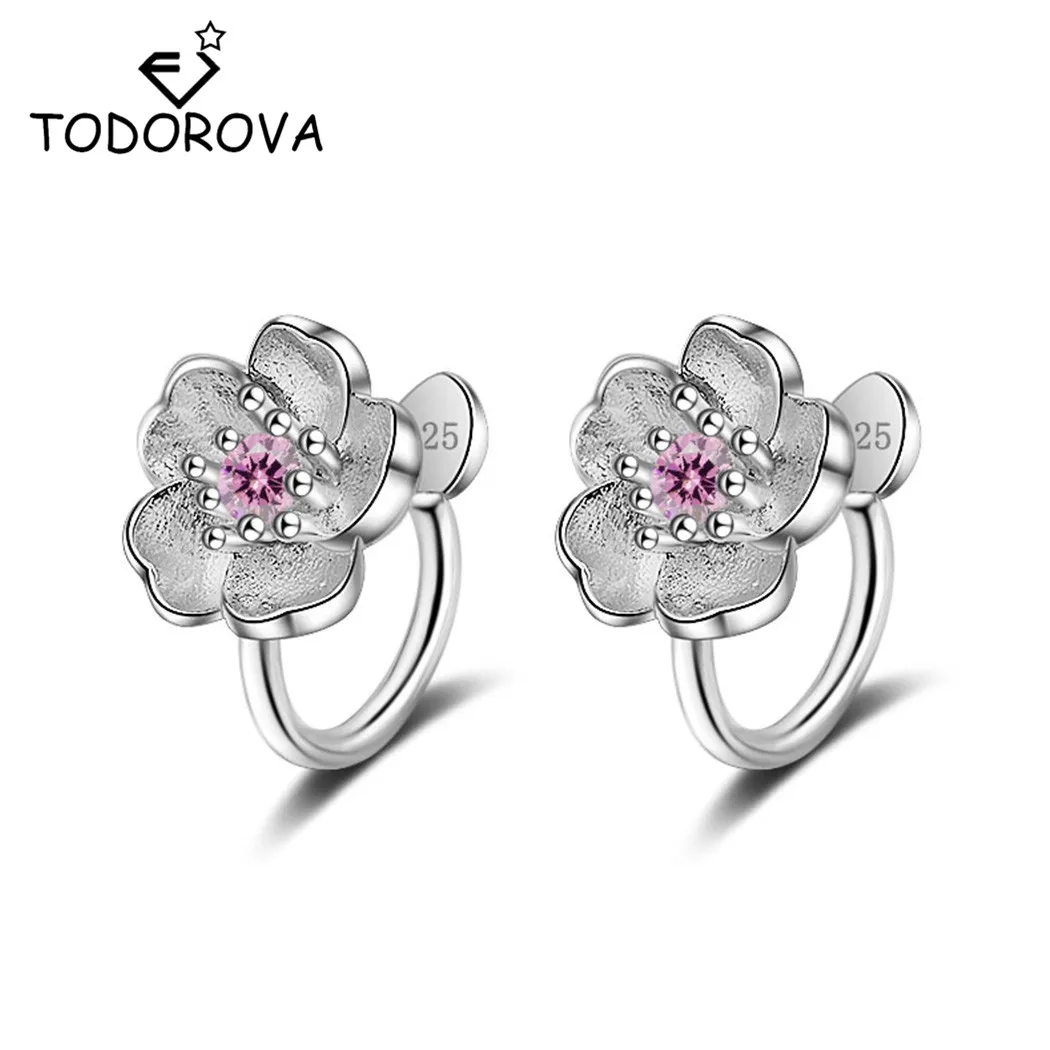 

Todorova Korea Style Crystal Cherry Blossom Flower Clip on Earrings Without Piercing for Girls Party Sweet No Hole Ear Clip
