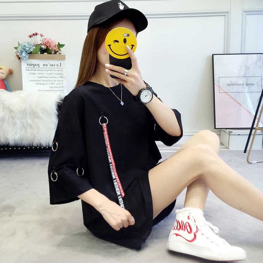 Длинная летняя футболка для женщин K pop с ленточным кольцом свободная уличная Ulzzang