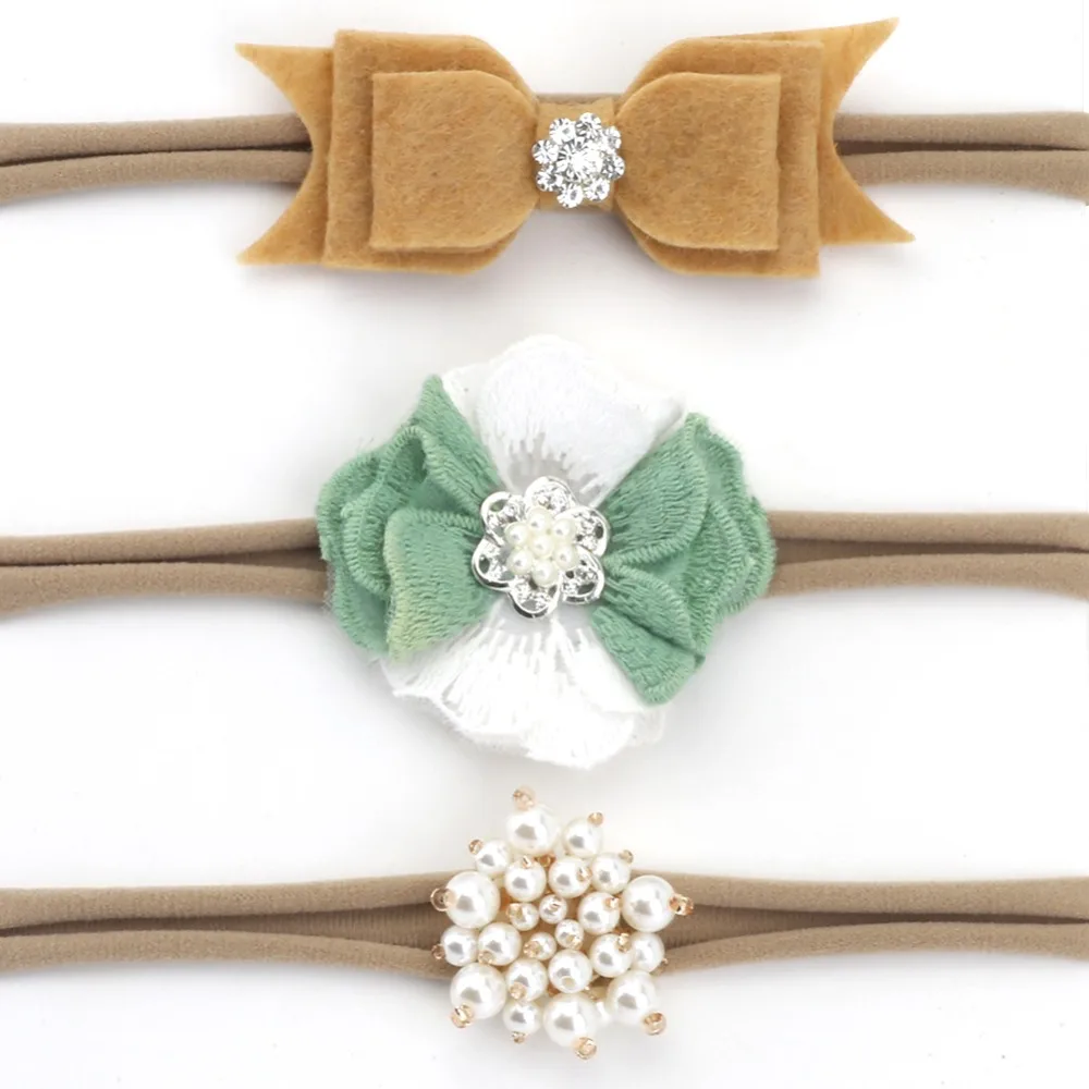 

Girl Nylon Headband Floral Hair Band children satin bows with pearl button Gentle Elastic Design Set of 3 Photo Prop accessories