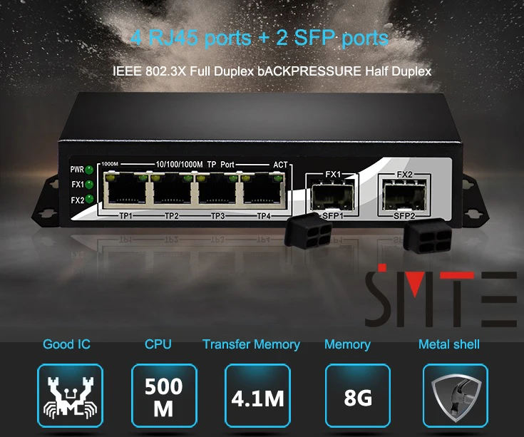 2 SFP волоконно-оптический порт 4 RJ45 TP портов 6 10/100/1000 Мбит/с SC гигабитный коммутатор