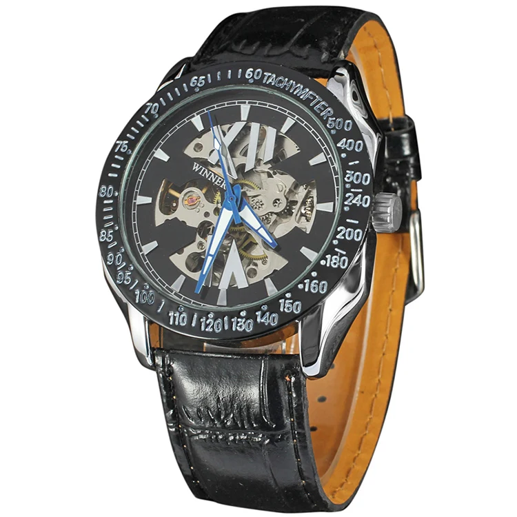 Механические Автоматические спортивные часы WINNER Tachymeter черные с гранями