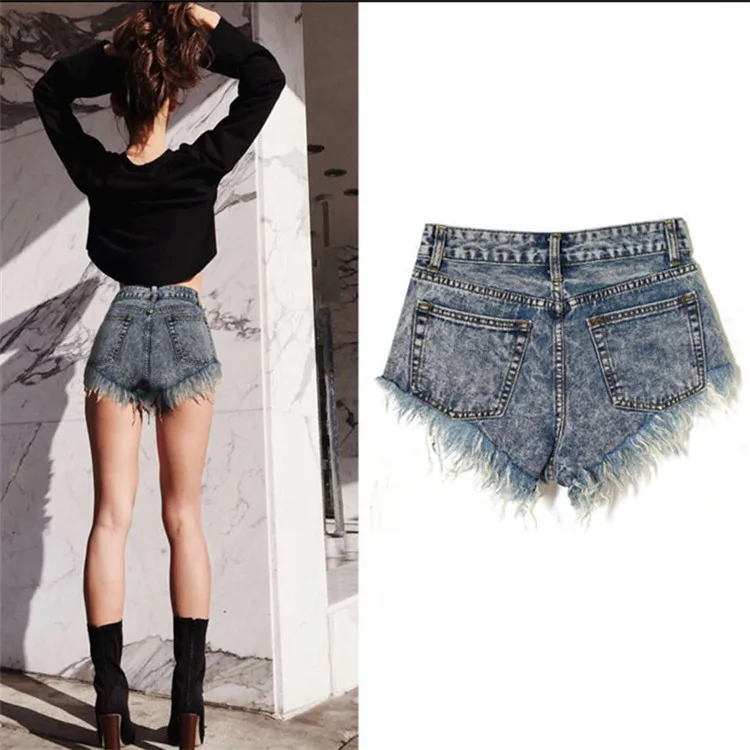 Women's Jeans New Fashion Slim High Waist Grinds Irregular Leaks Pockets Tassel Snowflakes Retro Denim Shorts