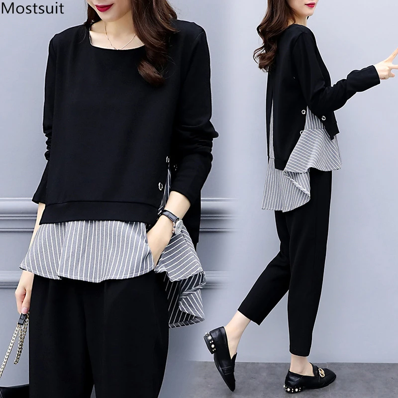

Black Two Piece Set Women Striped Splicing Long Sleeve Tops And Harem Pants Sets Casual Office Korean Ladies Suits 2022