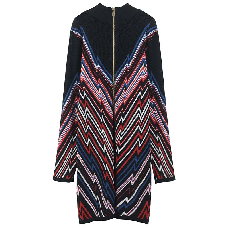 WHITNEY Ван 2018 осень зима уличной моды Цвета Contrast Striped сетка глаза вязаное платье Для
