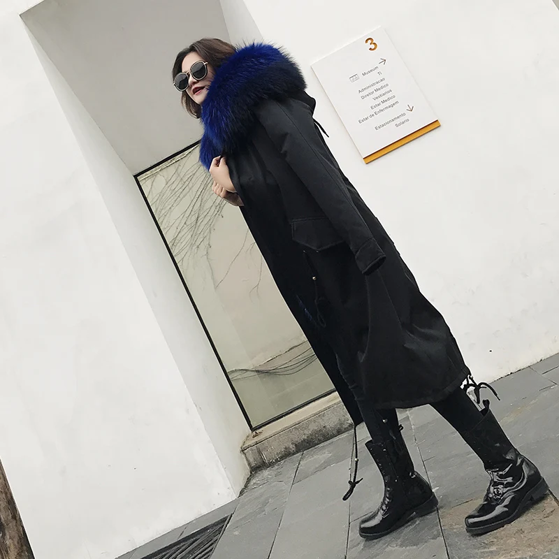 royal blue X-Long Tcyeek натуральный мех пальто зимняя куртка женская длинная парка большой натуральный мех енота с капюшоном Толстая теплая подкладка из натурального Лисьего меха LWL1069 - Цвет: royal blue X-Long