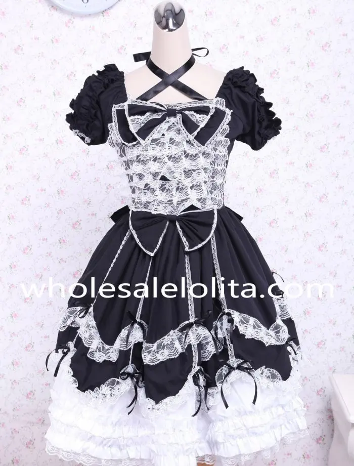 

Black and White Cotton Square Neck Gothic Lace Trim Lolita Dress Lolita Channel Ball Gown 4XL For Sale Tea Party Dresses