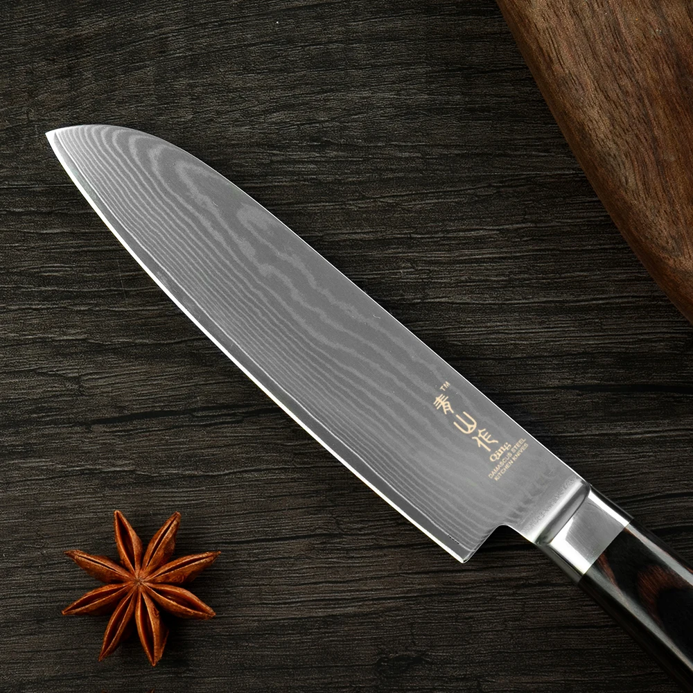 Цин кухонный нож японский дамасский стальной Santoku Кливер японские ножи